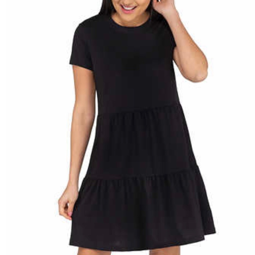 Nicole Miller Original Tiered Short Sleeve Dress Black Crew Neck Comfortable NEW